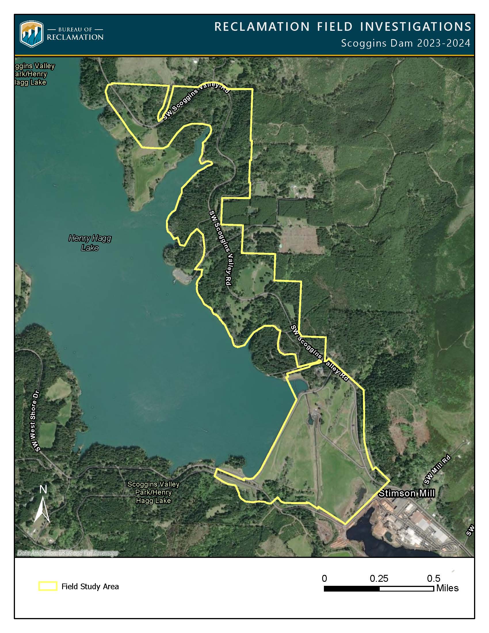 Beginning this fall and extending into spring and summer 2024, Bureau of Reclamation employees and contractors will be conducting field investigations in and around Scoggins Dam and Henry Hagg Lake for a safety of dams project. The study areas where Reclamation employees and contractors may be working are shown on this map. 